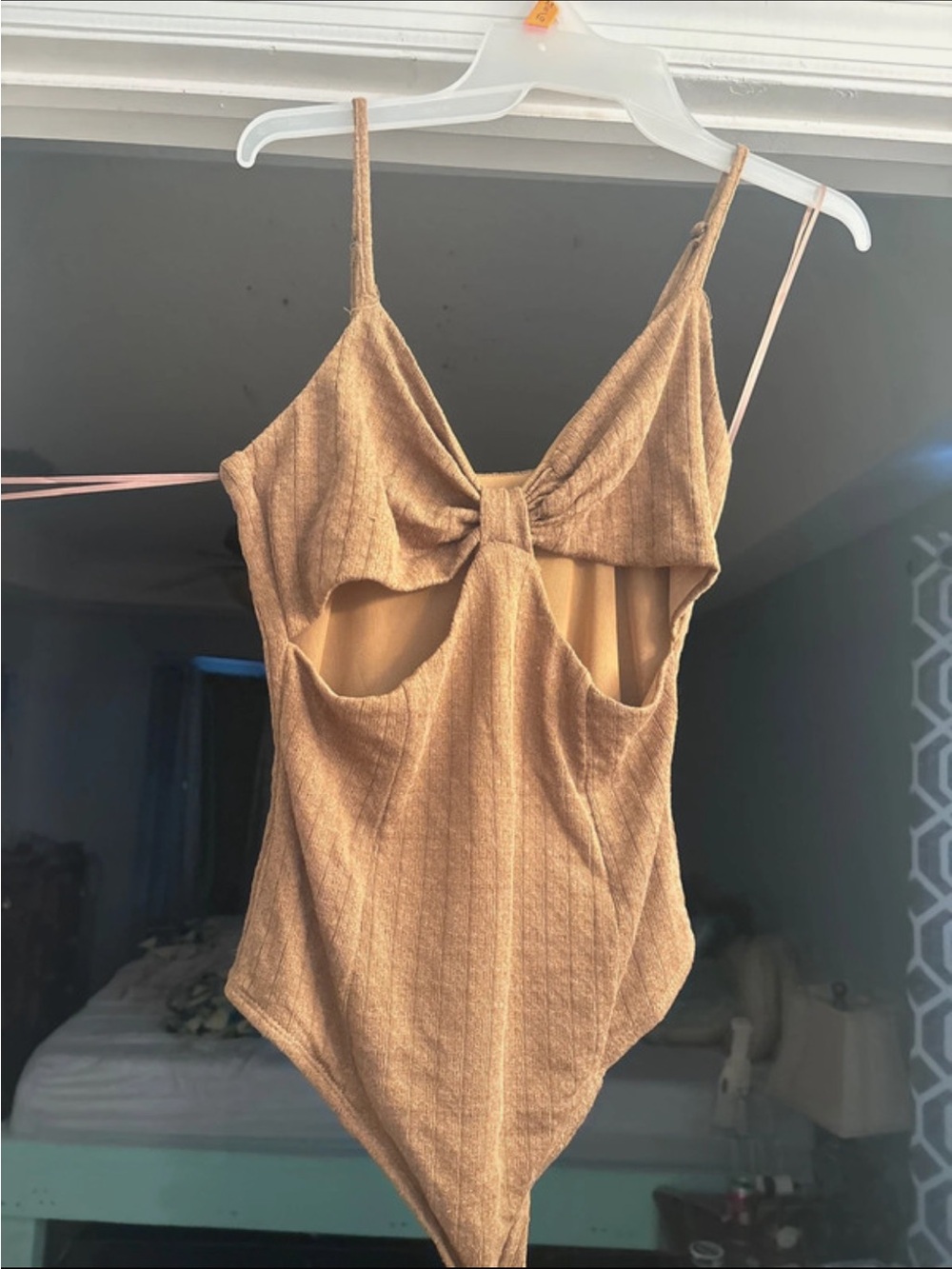 Ribbed Tie-Front Cutout Bodysuit in Camel